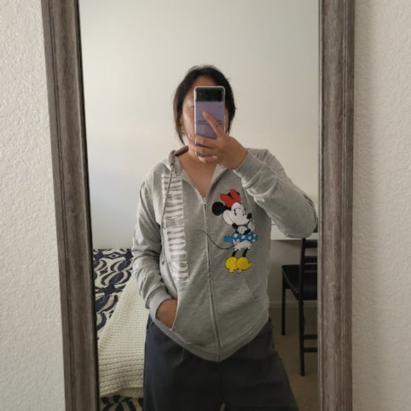 Disney Minnie Mouse Graphic Zippered Hooded Gray Jacket - Picture 4 of 5